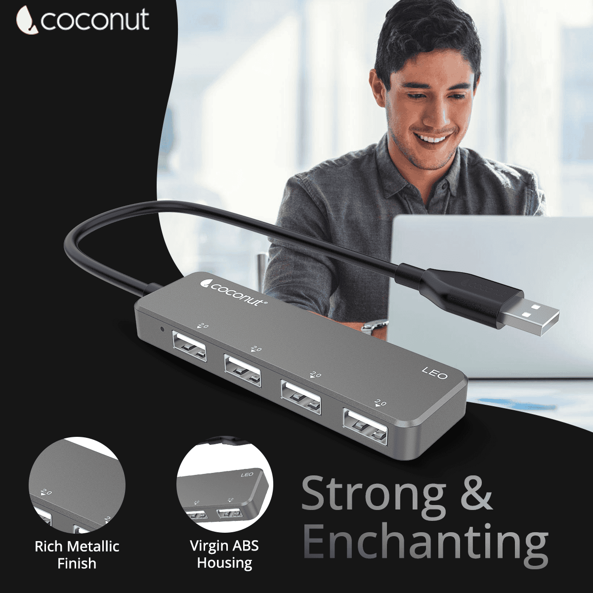 UH21 Leo 4-Port USB 2.0 Hub with 1M Cable for seamless connectivity